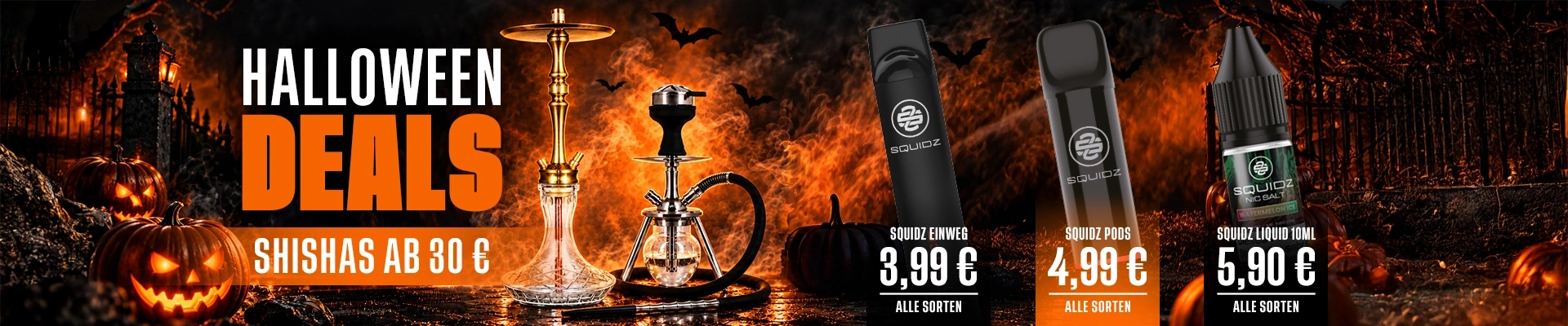 Shisharia Halloween Deals 2026 – Shishas ab 30 € und reduzierte SQUIDZ Vapes, Pods und Liquids.