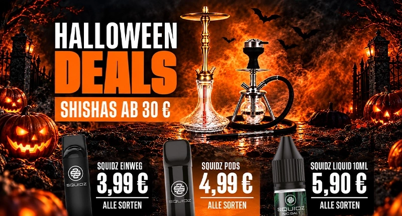 Shisharia Halloween Deals 2026 – Shishas ab 30 € und reduzierte SQUIDZ Vapes, Pods und Liquids.