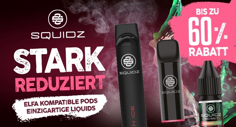 SQUIDZ Einweg Vapes, Pods und Liquids bis zu 60% reduziert.