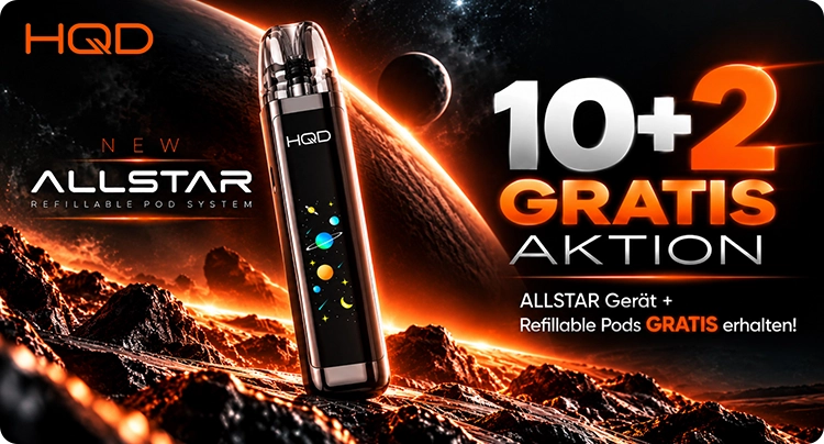HQD ALLSTAR Refillable Pod System – 10+2 Gratis Aktion mit Gerät und wiederbefüllbaren Pods.